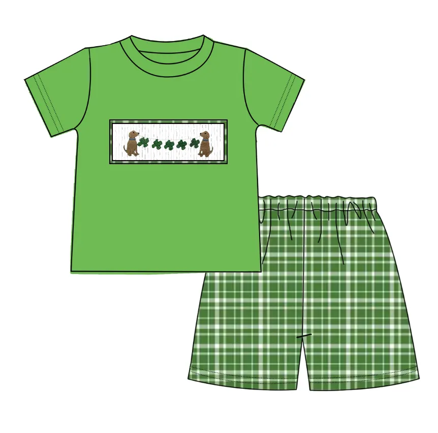 Custom moq 3 eta 7/8week moq 5 eta /4/5week Green short-sleeved shorts set with puppy leash and bow pattern