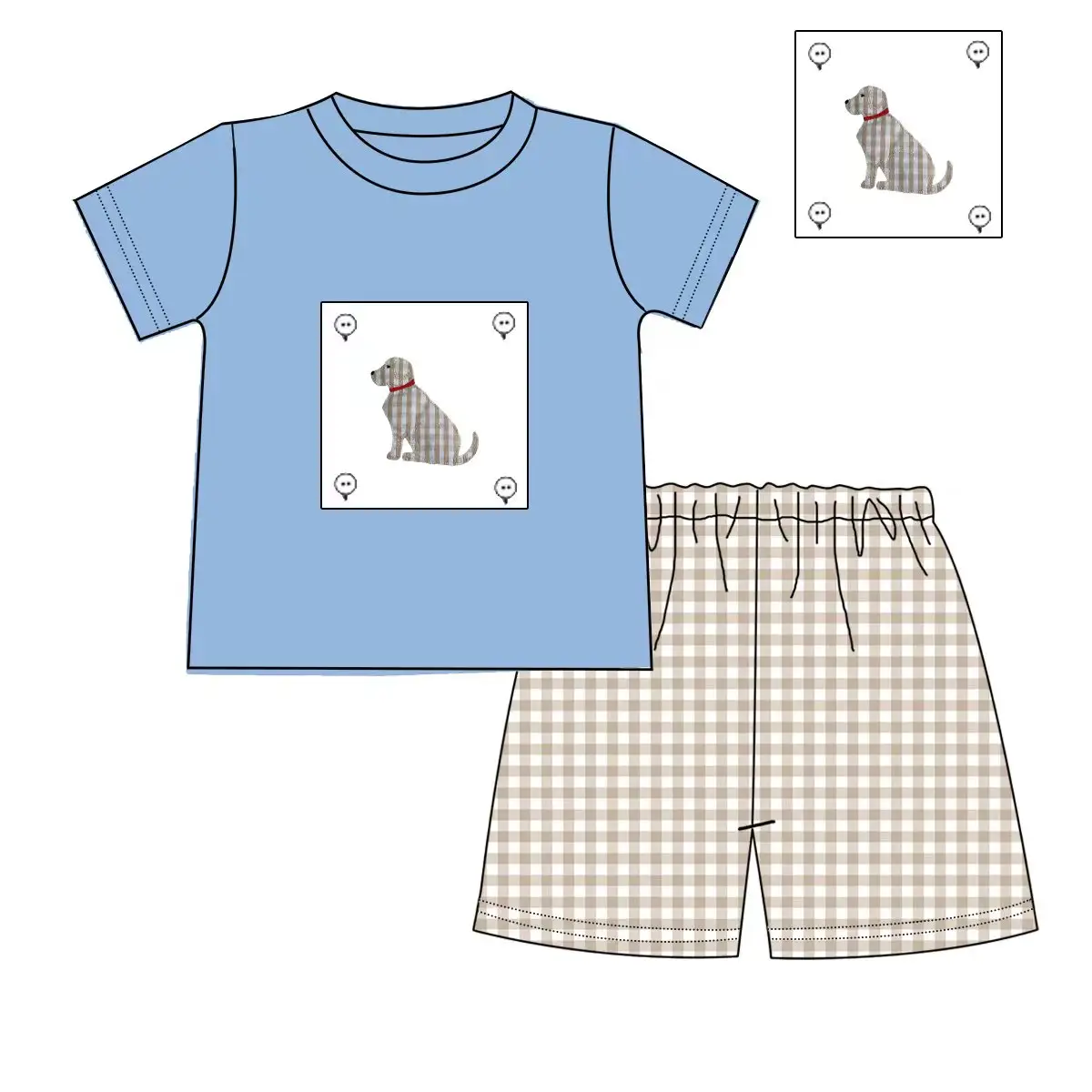 Custom moq 3 eta 7/8week moq 5 eta /4/5week Plaid Puppy Pattern Blue Short Sleeve Top - Gray Plaid Shorts Set