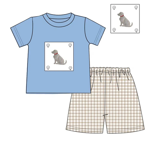 Custom moq 3 eta 7/8week moq 5 eta /4/5week Plaid Puppy Pattern Blue Short Sleeve Top - Gray Plaid Shorts Set