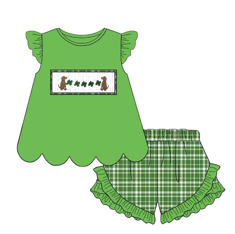 Custom moq 3 eta 7/8week moq 5 eta /4/5week Green Puppy Leash Bow Pattern Fly Sleeve Top and Shorts Set