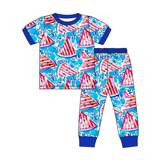 Custom moq 3 eta 7/8week moq 5 eta /4/5week Blue short-sleeved trousers suit with striped watermelon pattern