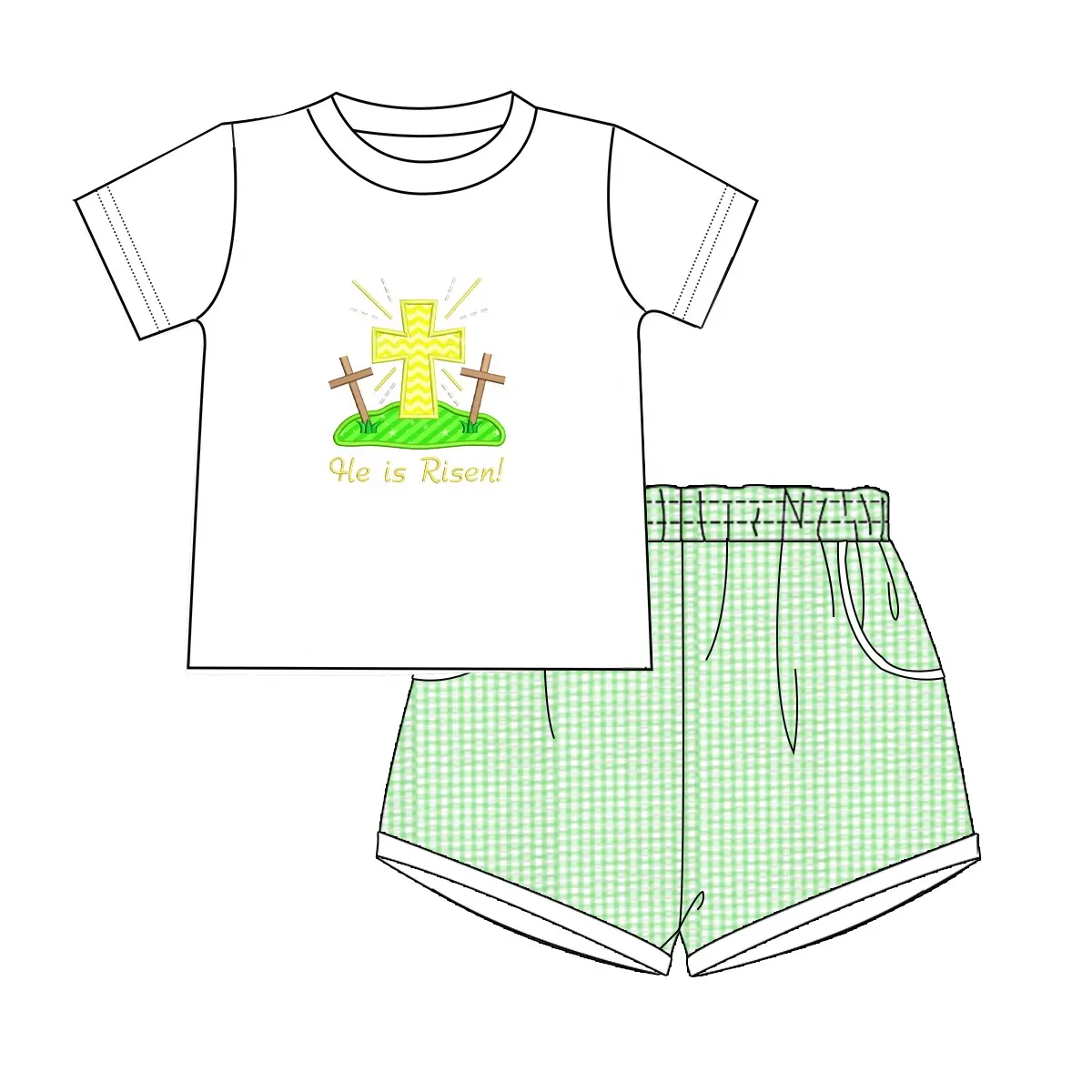 Custom moq 3 eta 7/8week moq 5 eta /4/5week White short-sleeved top with embroidered cross pattern and green plaid shorts set