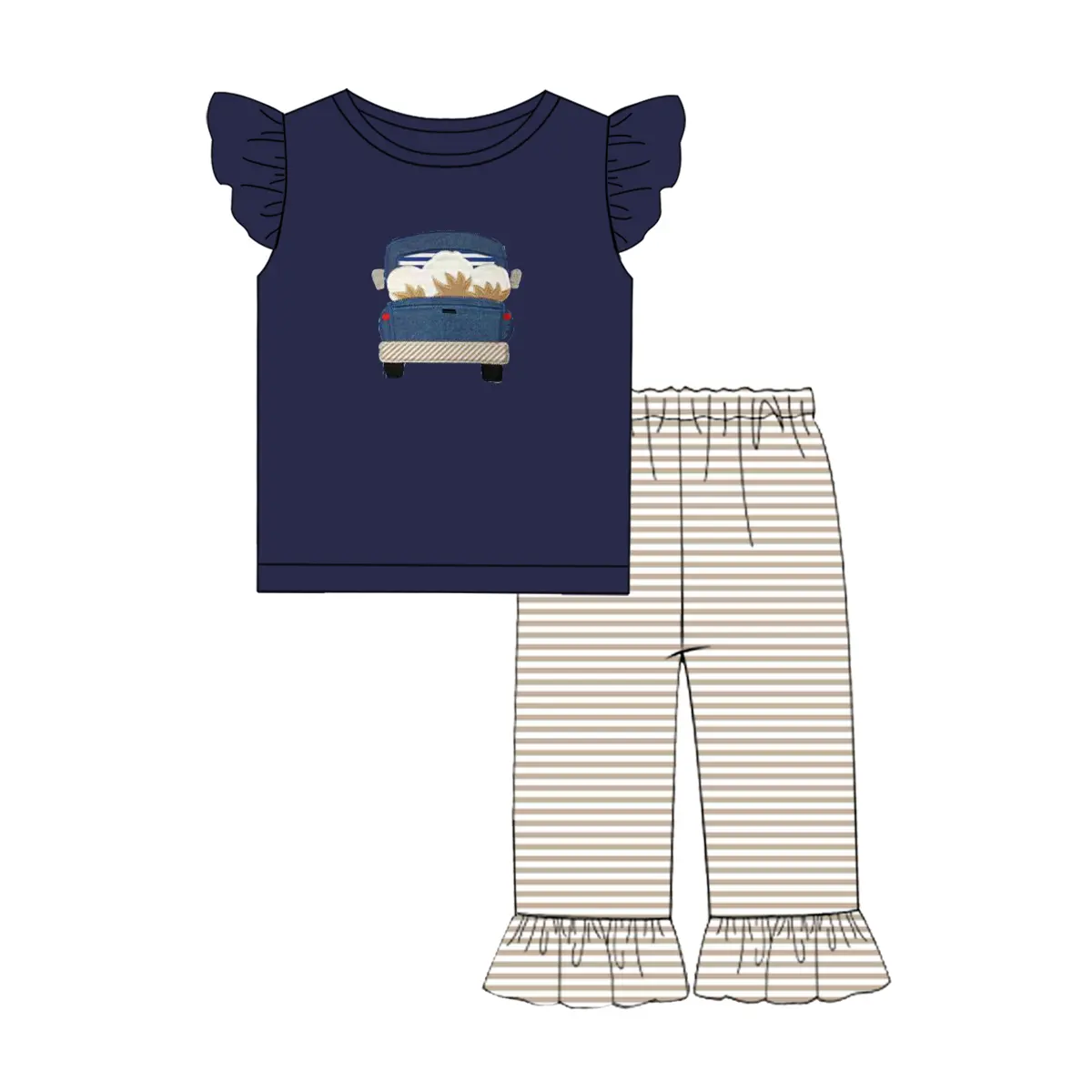 Custom moq 3 MIX SIZE eta 7/8week moq 5 eta /4/5week Boys and Girls Navy Blue Short Sleeve Top with Embroidered Truck Pattern and Brown Striped Pants Set