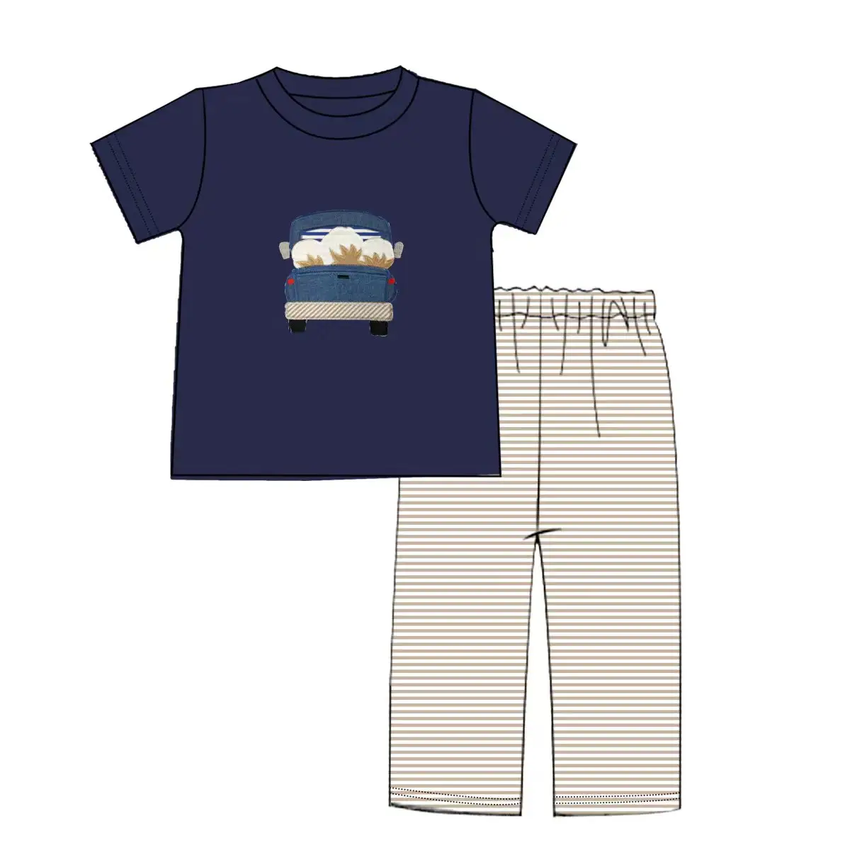 Custom moq 3 MIX SIZE eta 7/8week moq 5 eta /4/5week Boys and Girls Navy Blue Short Sleeve Top with Embroidered Truck Pattern and Brown Striped Pants Set