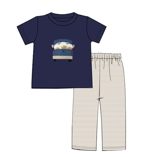 Custom moq 3 eta 7/8week moq 5 eta /4/5week Navy blue short-sleeved top with embroidered truck pattern and brown striped trousers set