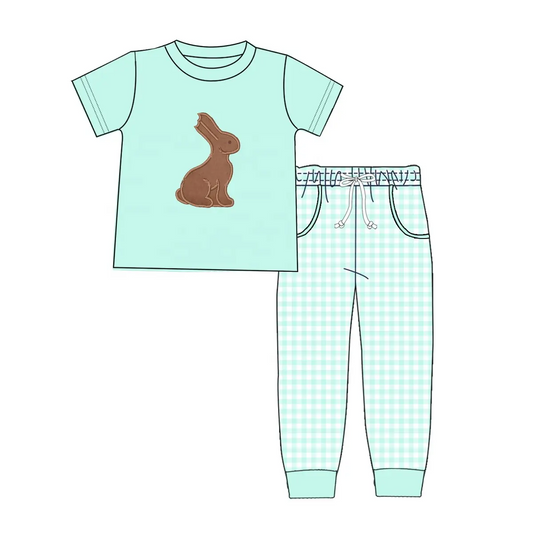 Custom moq 3 eta 7/8week moq 5 eta /4/5week Lake green short-sleeved trousers suit with embroidered rabbit pattern