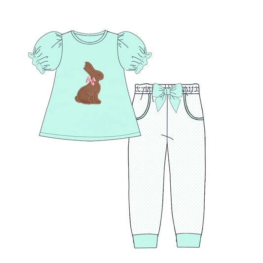 Custom moq 3 eta 7/8week moq 5 eta /4/5week Lake Green Bubble Short Sleeve Bow Tie Pants Set with Rabbit Embroidery