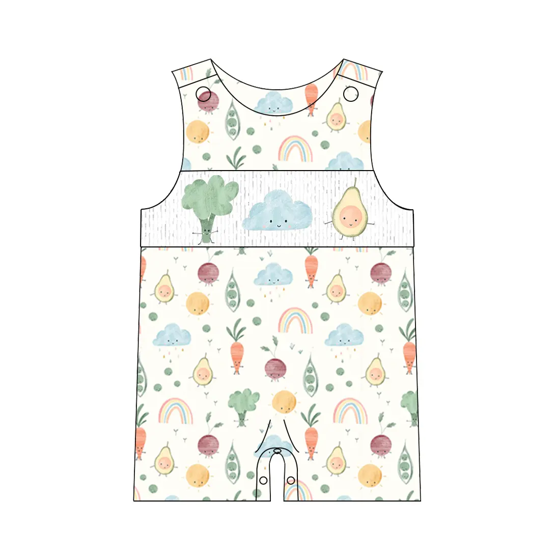 Custom moq 3 eta 7/8week moq 5 eta /4/5week Beige short sleeveless romper with cloud-rainbow-vegetable pattern