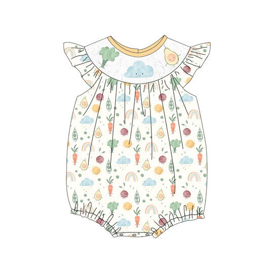 Custom moq 3 eta 7/8week moq 5 eta /4/5week Beige short-sleeved cloud-rainbow-vegetable pattern romper