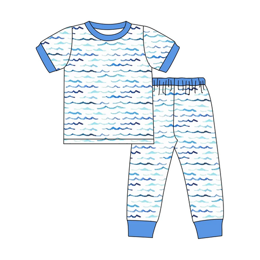 Custom moq 3 eta 7/8week moq 5 eta /4/5week Blue wave pattern short-sleeved trousers suit