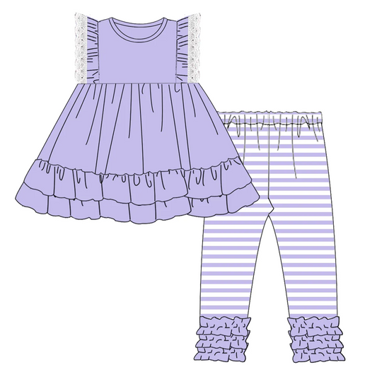 Custom moq 3 eta 7/8week moq 5 eta /4/5week Purple Lace Sleeveless Top & Purple Striped Pants Set