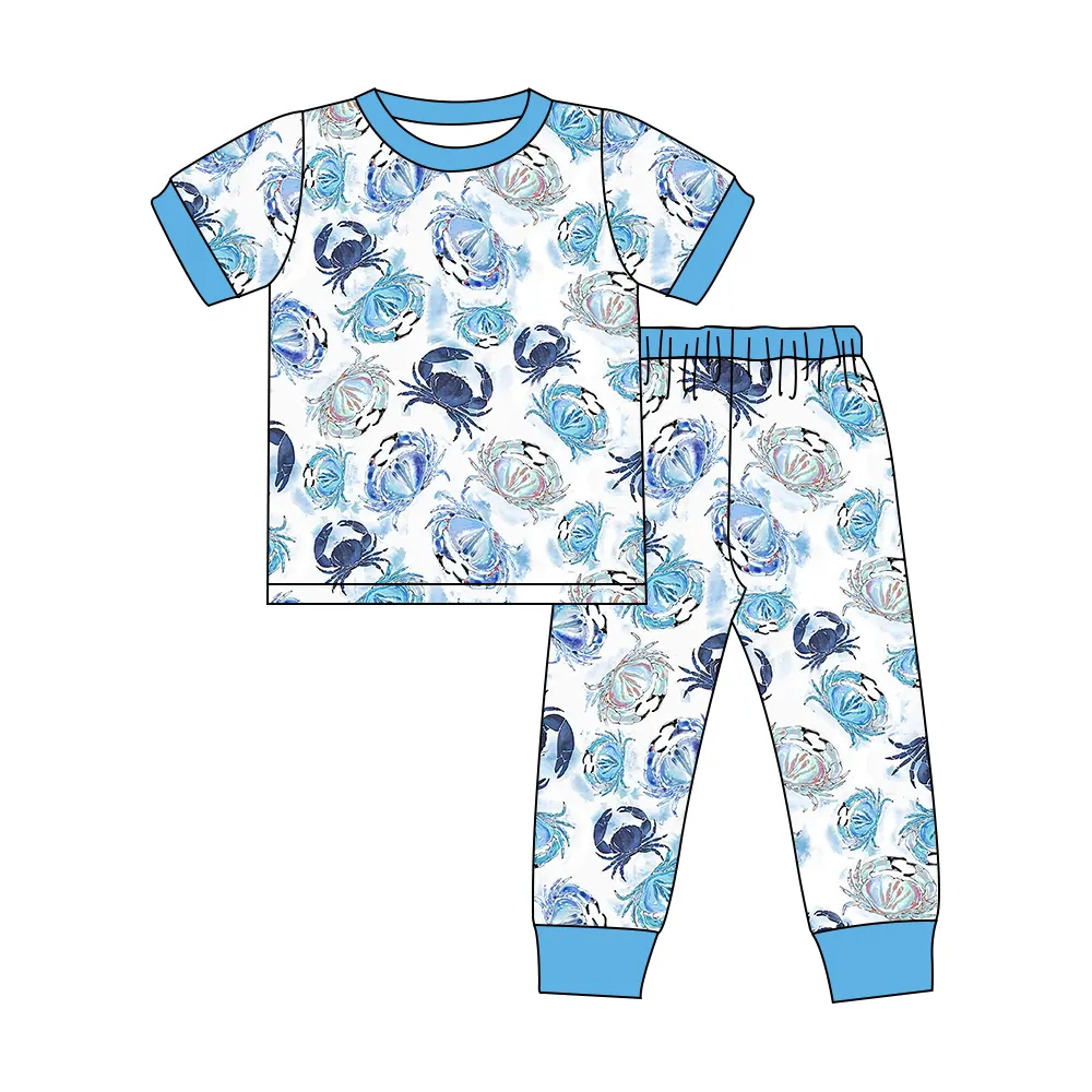 Custom moq 3 eta 7/8week moq 5 eta /4/5week Blue Crab Short Sleeve Pants Set