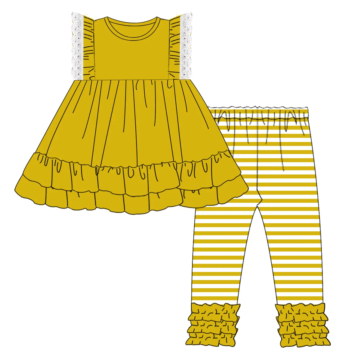 Custom moq 3 eta 7/8week moq 5 eta /4/5week Yellow Lace Sleeveless Top & Yellow Striped Pants Set