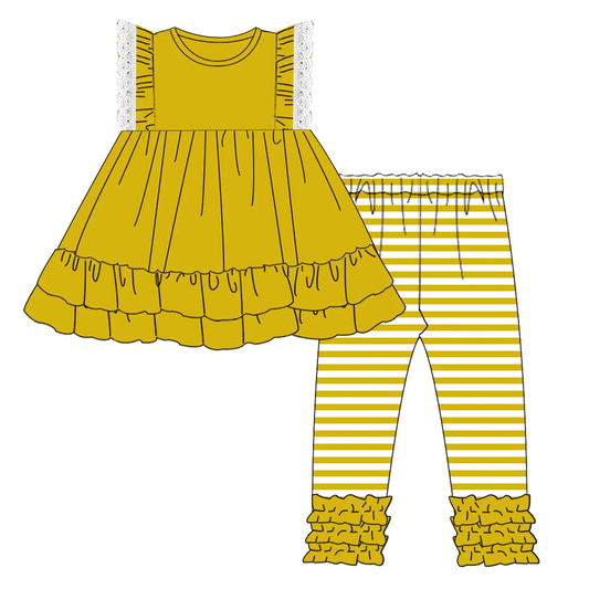 Custom moq 3 eta 7/8week moq 5 eta /4/5week Yellow Lace Sleeveless Top & Yellow Striped Pants Set