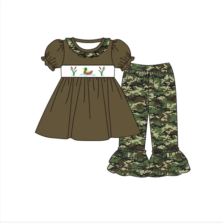 Custom moq 3 eta 7/8week moq 5 eta /4/5week Rice Duck Pattern Brown Green Bubble Short Sleeve Pants Set