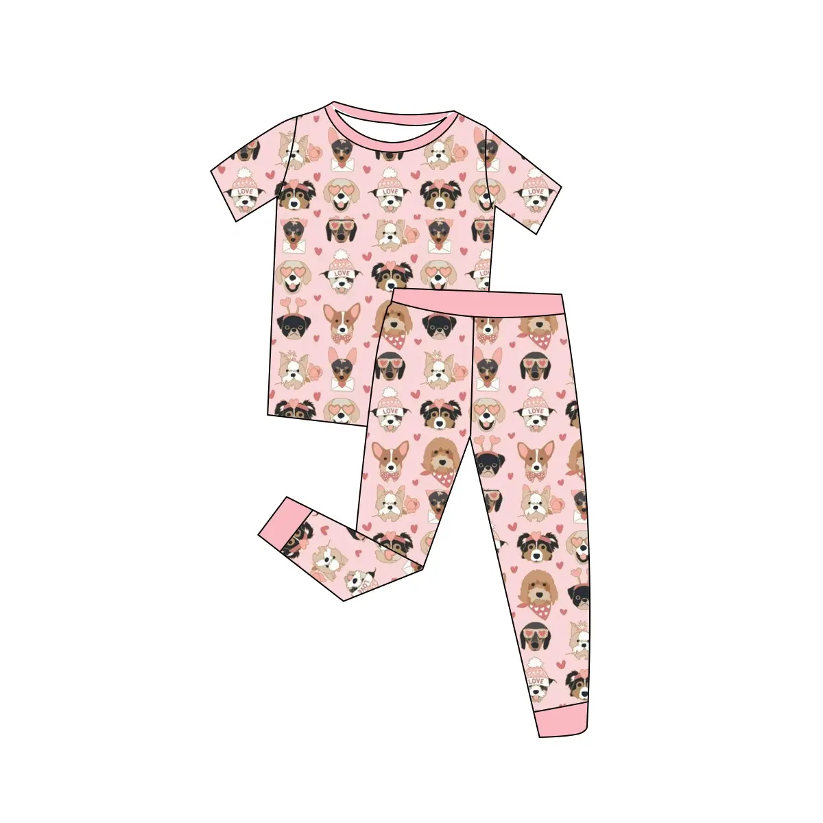 Custom moq 3 eta 7/8week moq 5 eta /4/5week  Pink Heart Puppy Short Sleeve Pants Suit