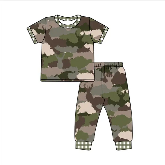 Custom moq 3 eta 7/8week moq 5 eta /4/5week Grey-Brown-Army Green Shaded Plaid Cuff Short Sleeve Pants Set