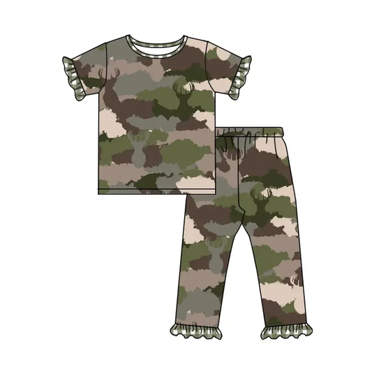 Custom moq 3 eta 7/8week moq 5 eta /4/5week  Grey-Brown-Army Green Shaded Pleated Lace Cuff Short Sleeve Pants Set