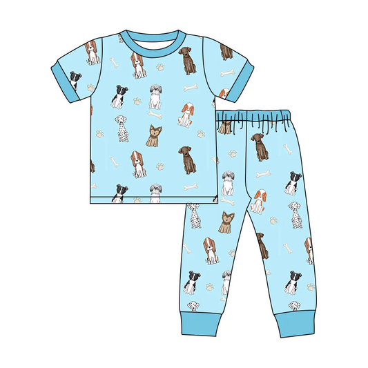 Custom moq 3 eta 7/8week moq 5 eta /4/5week Sky blue short-sleeved trouser suit with puppy and bone pattern