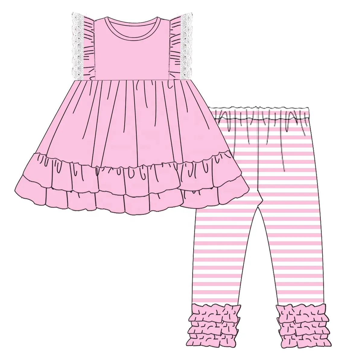 Custom moq 3 eta 7/8week moq 5 eta /4/5week Pink Lace Sleeveless Top & Pink Striped Pants Set