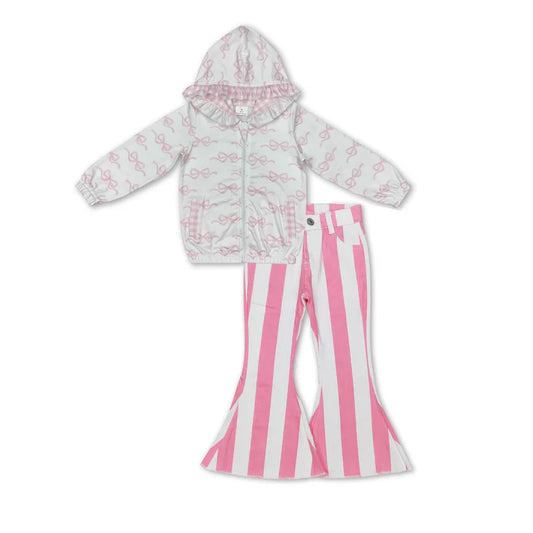 RTS NO MOQ Baby Girls Spring Bows Pink Hooded Zip Pullovers Stripes Bell Denim Jeans Clothes Sets