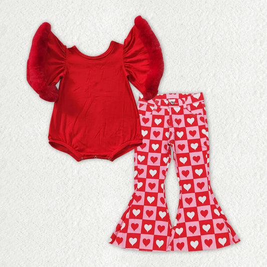 RTS NO MOQ Baby Girls Red Velvet Valentines Hearts Denim Pants Clothes Sets