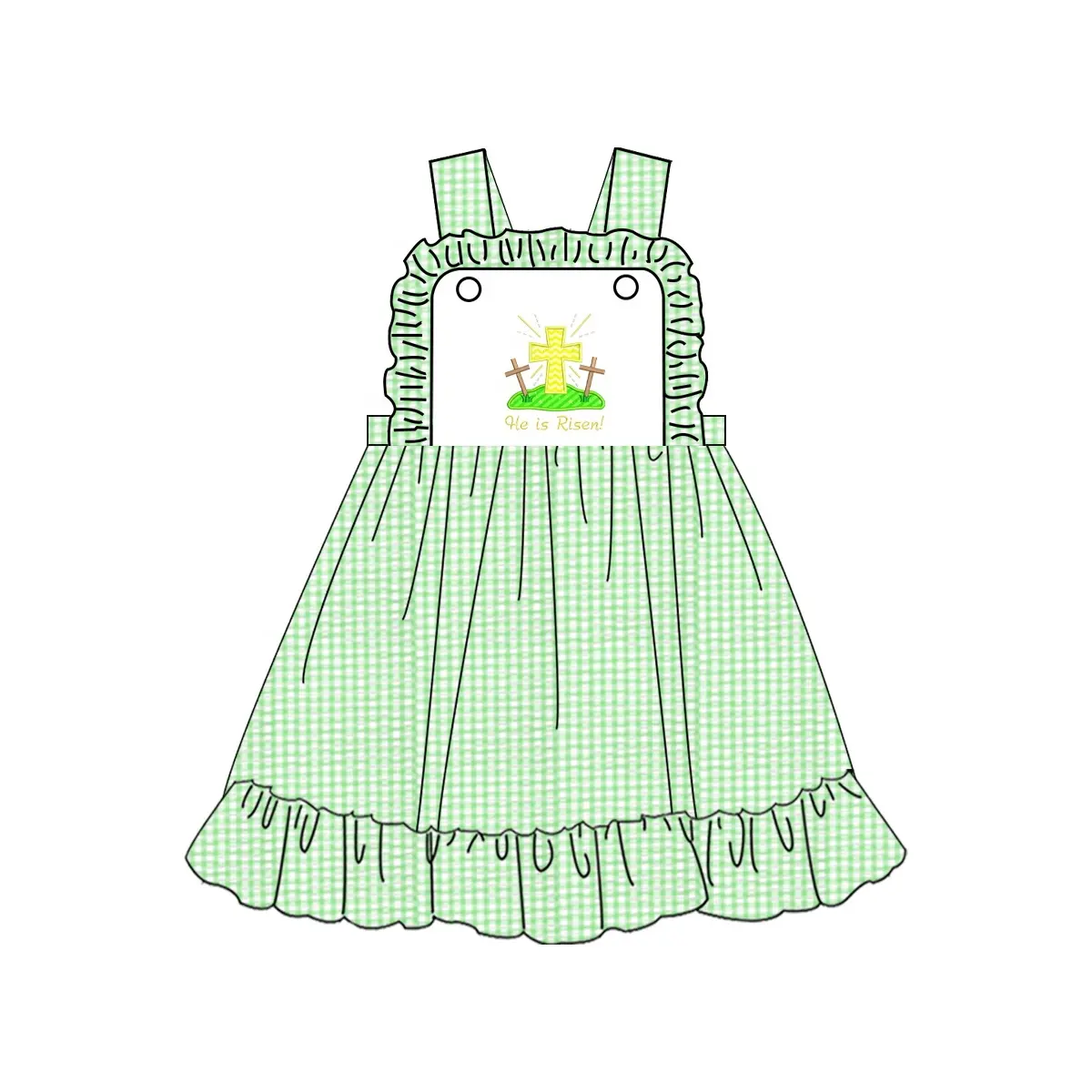 Custom moq 3 eta 7/8week moq 5 eta /4/5week Green plaid suspender skirt with embroidered cross pattern