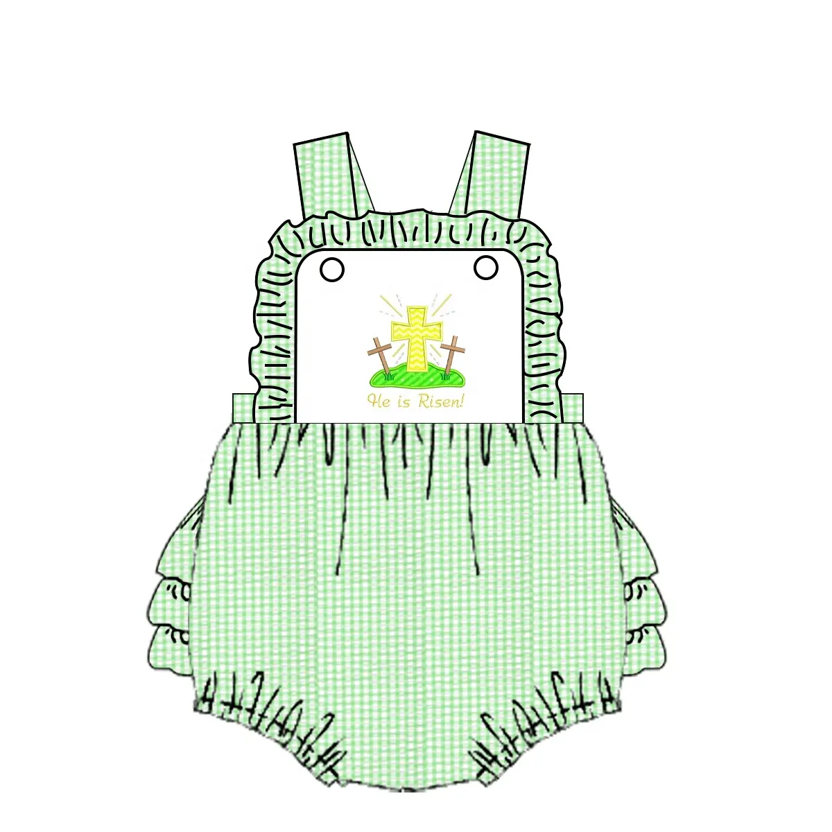 Custom moq 3 eta 7/8week moq 5 eta /4/5week Green plaid pleated suspender short romper with embroidered cross pattern