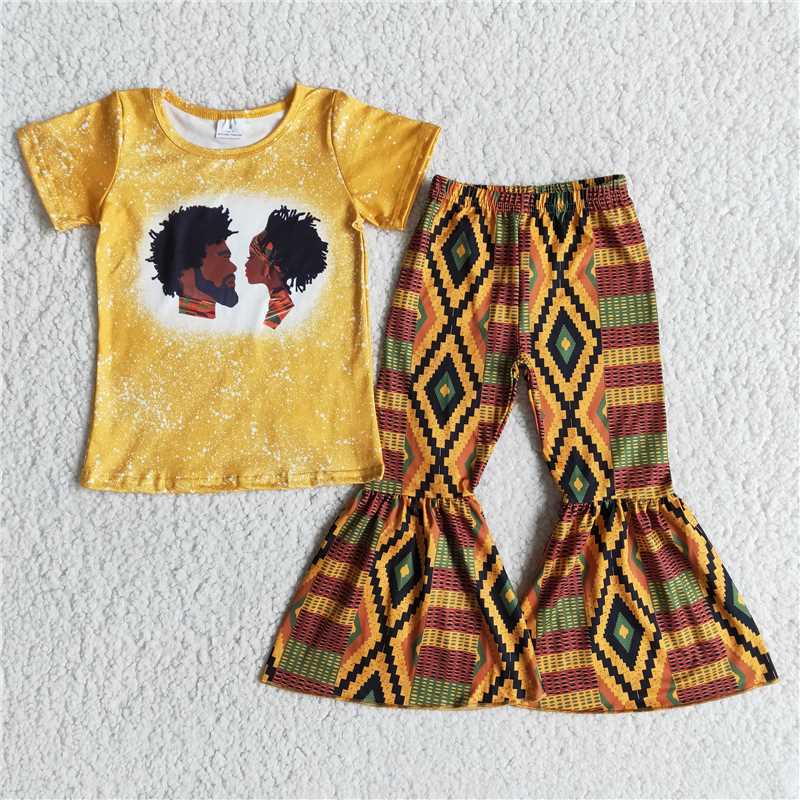 B1-1 Black Orange Short Sleeve Diamond Flared Pants Set African America Black people