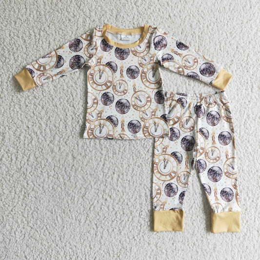 BLP0101 Kids Clothing Boys Long Sleeve Top And Long Pants Pajamas Clock Print