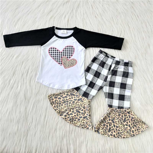 Valentine's Day black long sleeve top and Checkered Pants bow girl's outfit