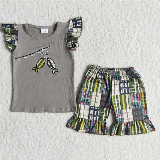 Girls Embroidered Fishing Rod Small Flying Sleeve Plaid Shorts Set