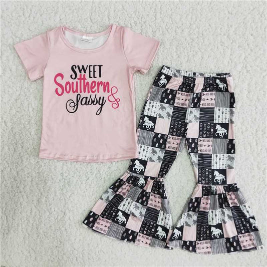 pink southern letter horse plaid pattern long pants set