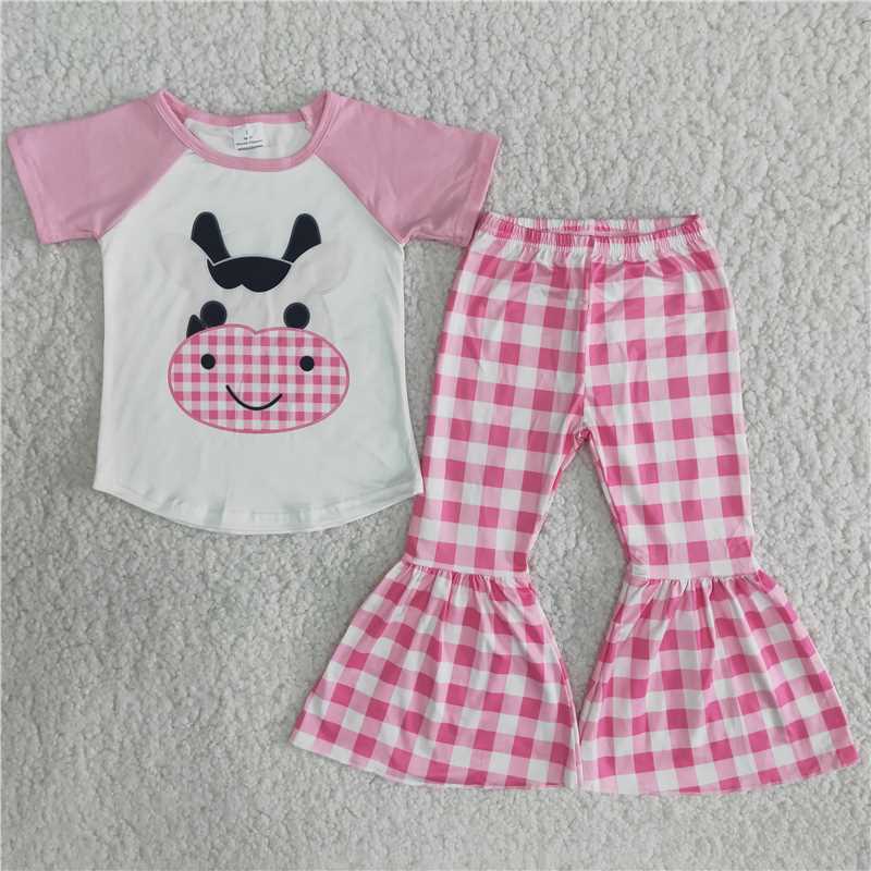 pink cows plaid pattern long pants set