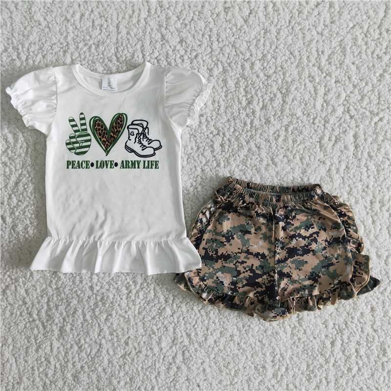 Girls Gesture Heart Puff Sleeve Boots Short Sleeve Top Camo Lace Shorts Set