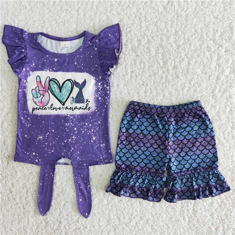 Girls Purple fishtail fish scale shorts suit