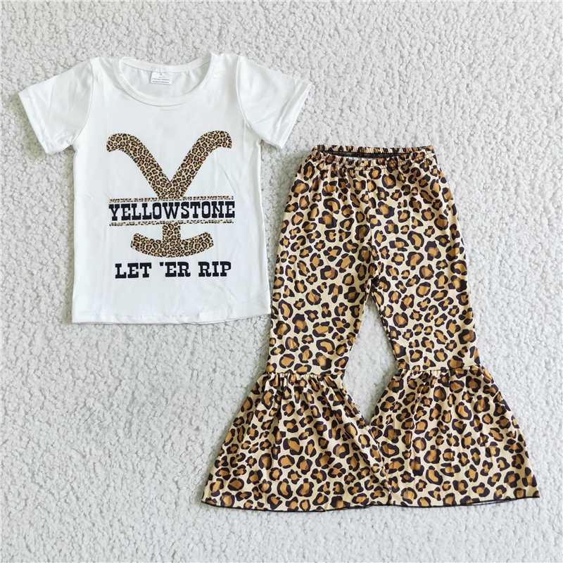 RTS NO MOQ E7-26 Kids Clothing Girls Short Sleeve Top And Long Pants Leopard Print