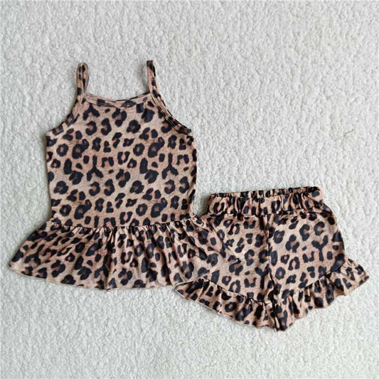 Girls Leopard Print Suspender Shorts Two-Piece Set