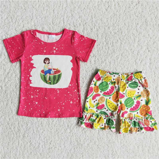 Girls Watermelon Fruit Short Sleeve Shorts Outfit