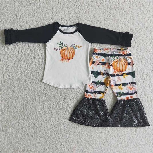 Pumpkin Top Long Sleeve Black Sequin Flare Pants