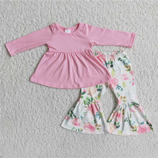 pink dress top flowers girl set