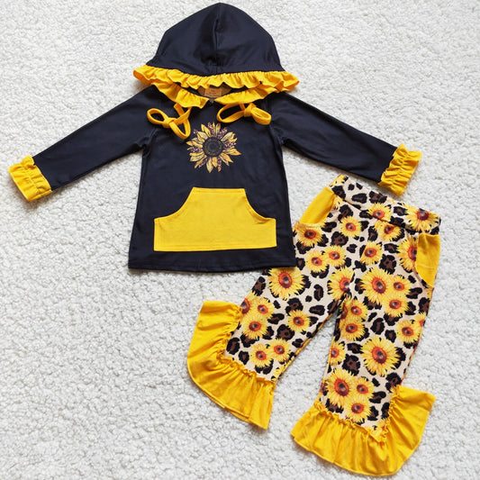 6 A8-28 yellow sunflowers pattern pocket design hoodie top set