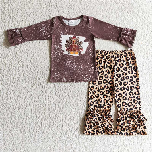 6C9-40 girls thanksgiving outfit long sleeve and long pants turkey print