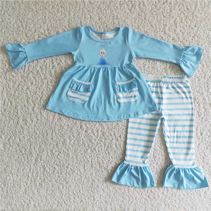 blue princess pockets design long sleeve pants set