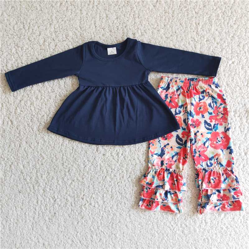6 B2-5 Girls Outfit Flower Print Trousers Boutique Set Milk Silk