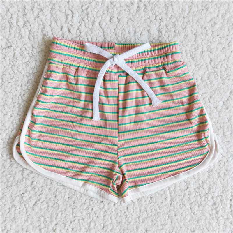 Green and Yellow Striped Lace-Up Shorts