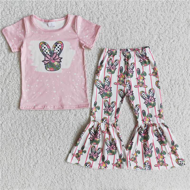 Easter Pink Short Sleeve Rabbit Flare Pants Set