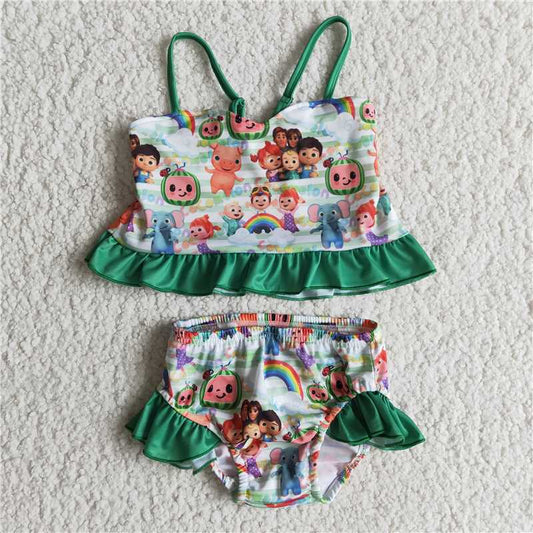 E11-20 2pcs green cartoon swimsuit girls outfit