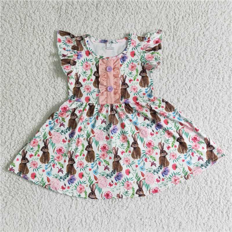 Easter Bunny Print Fly-Sleeve Dress 	 B11-30