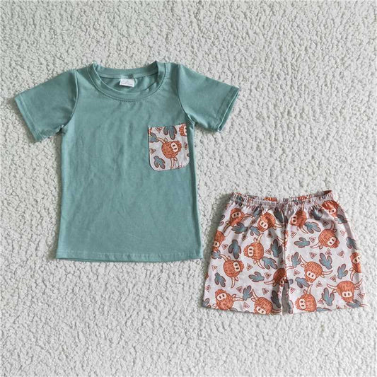 BSSO0043 Boys' Light Green Alpine Cow Cactus Pocket Short Sleeve Shorts Set